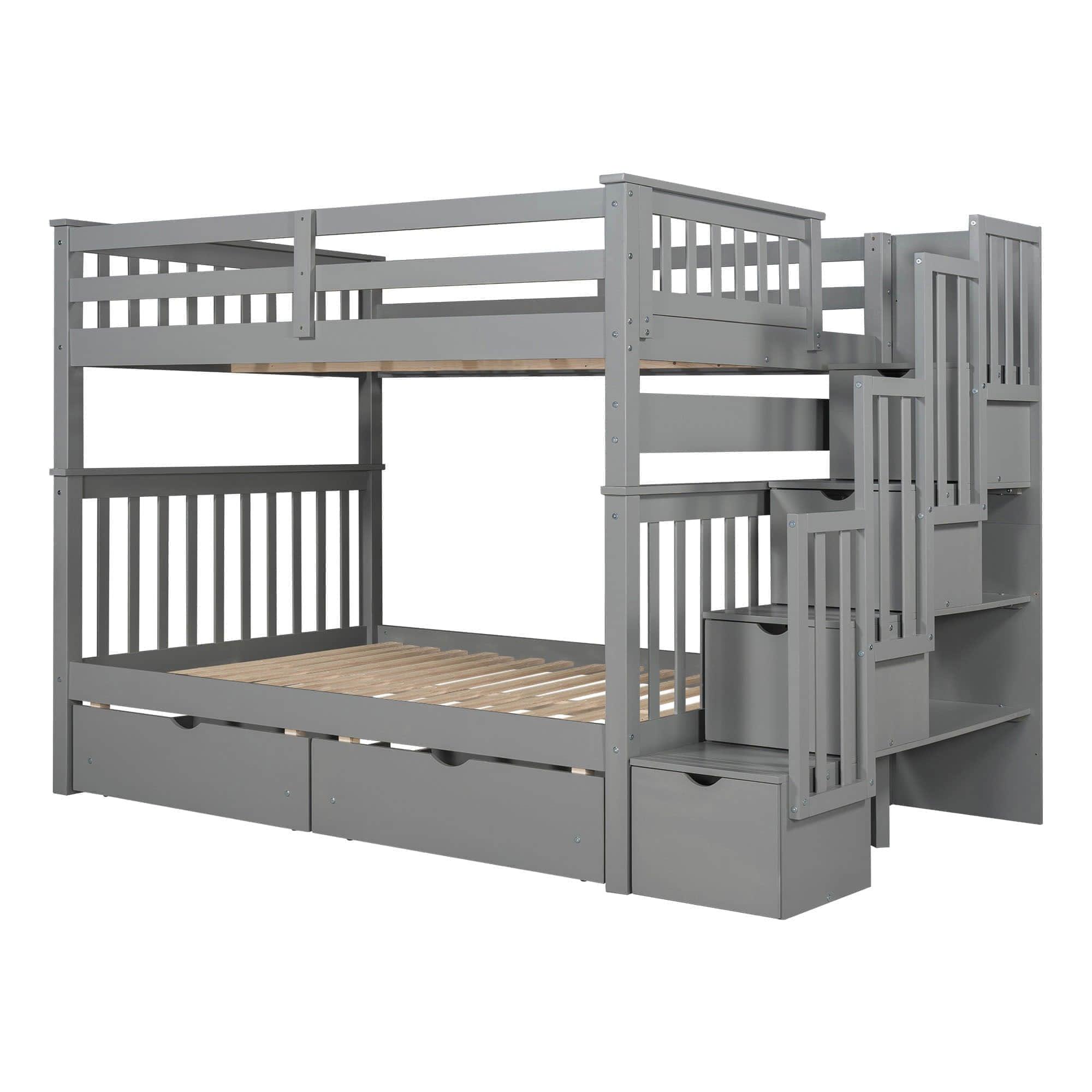 Wooden Convertible Full Over Full Bunk Beds with Stairs and Storage