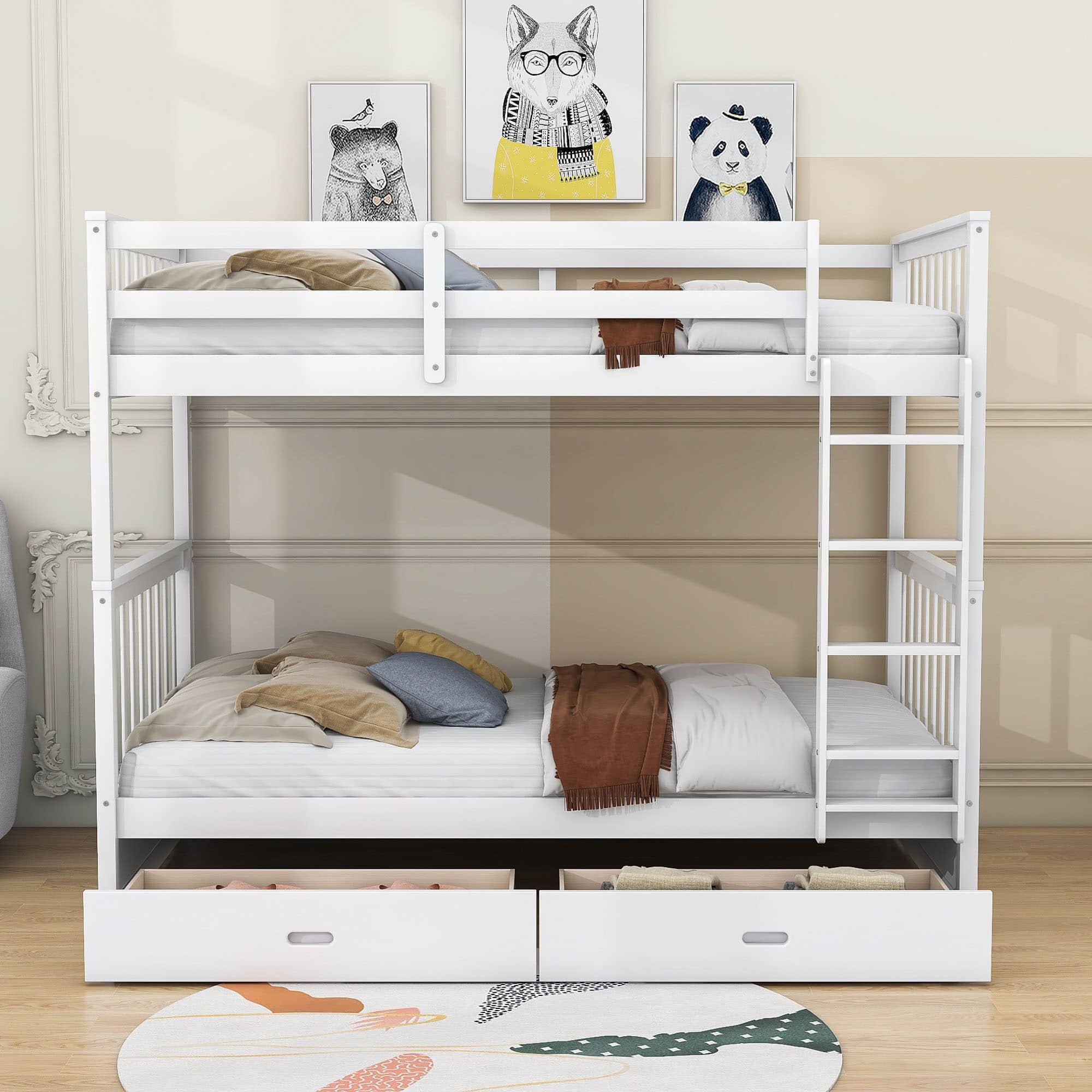 Wooden Twin Over Twin Bunk Beds with Storage Drawers - [Convertible]