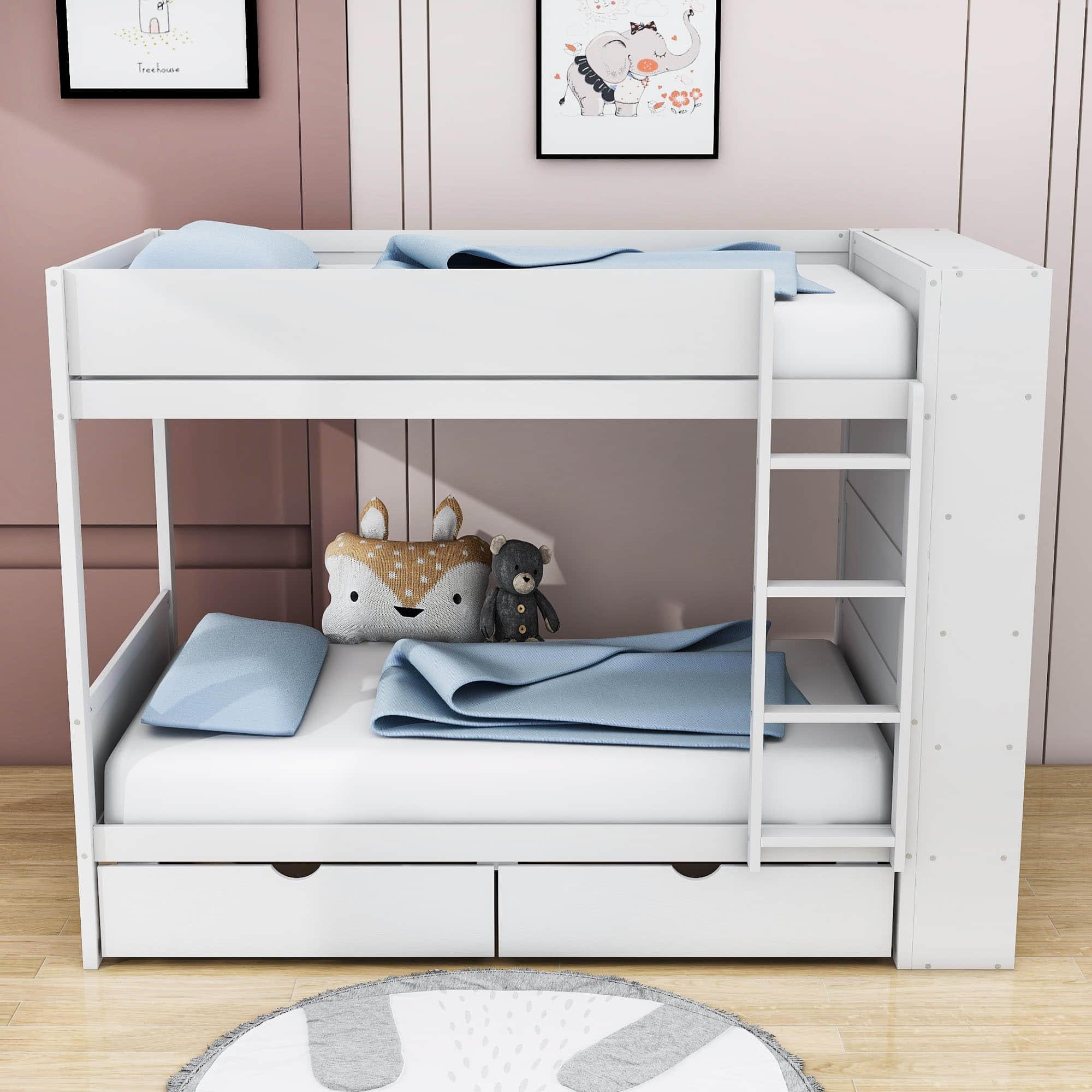 Wooden Twin Over Twin Bunk Beds with Storage Drawers, Shelves