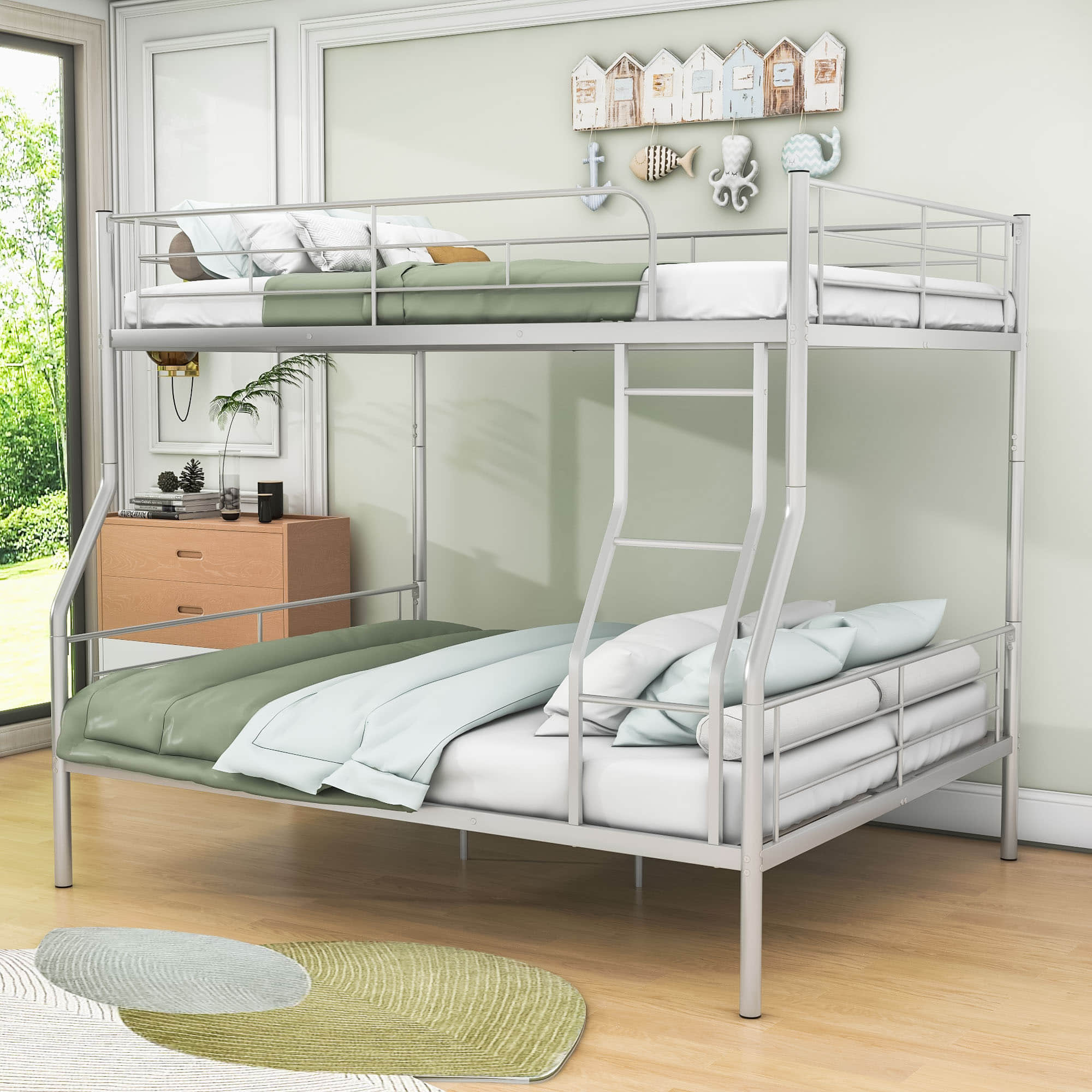 Full XL Over Queen Convertible Metal Bunk Beds for Adults, Kids