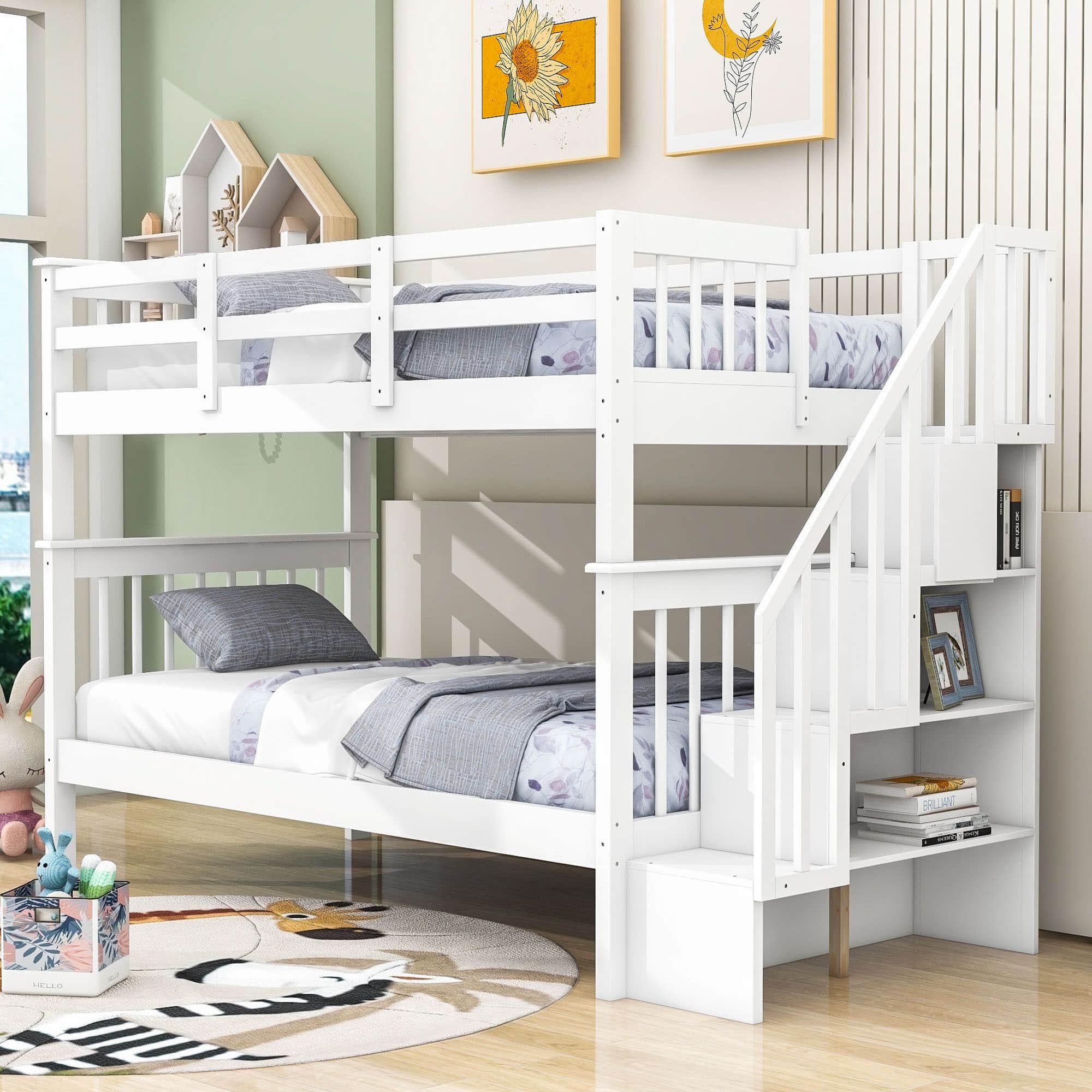 Twin Over Twin Bunk Beds with Stairs and Storage for Kids - [Wood, Convertible]