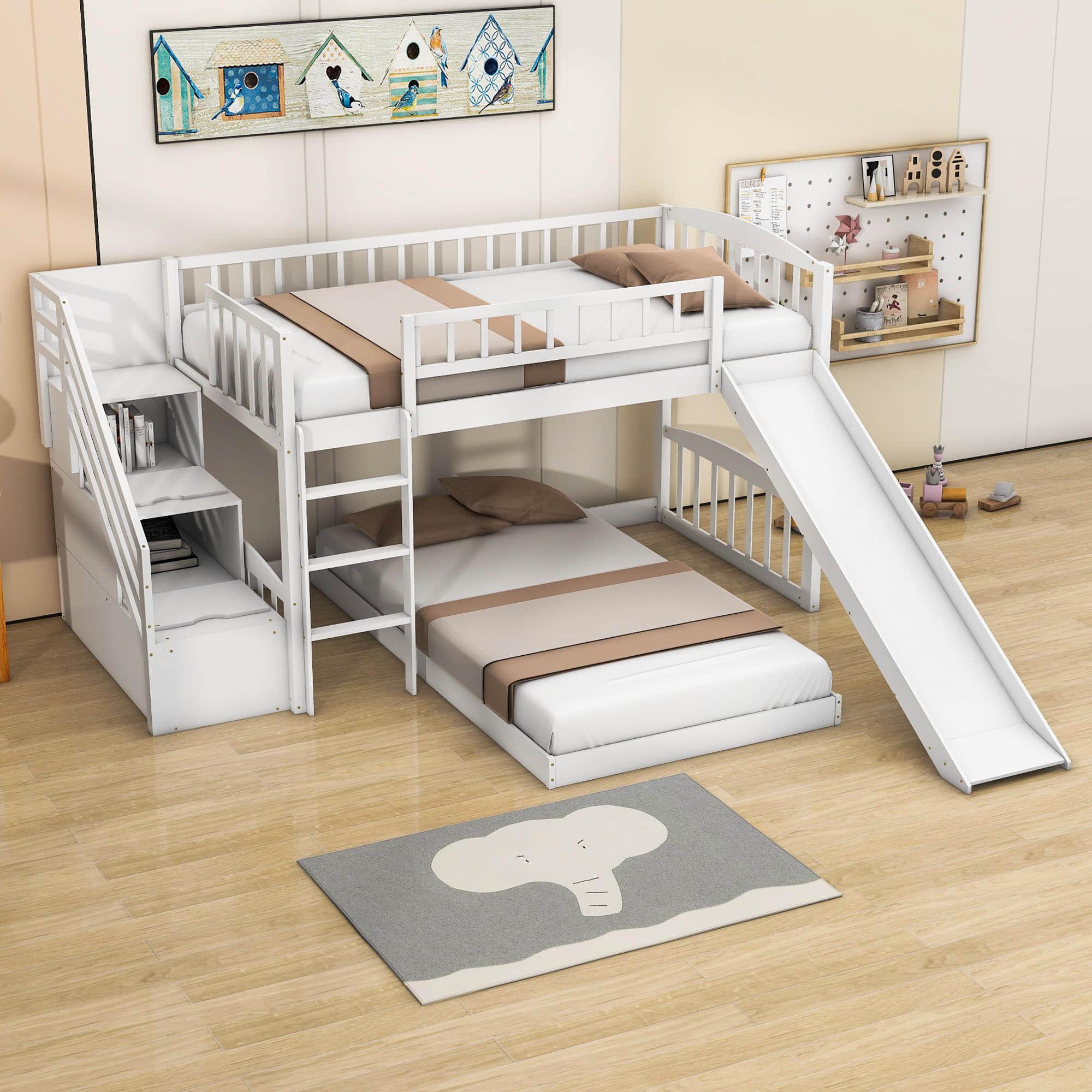 Twin Over Twin L-Shaped Floor Bunk Beds with Stairs and Slide for Kids