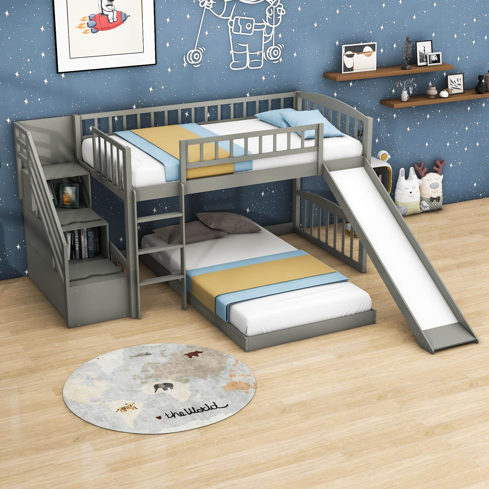 Twin Over Twin L-Shaped Floor Bunk Beds with Stairs and Slide for Kids