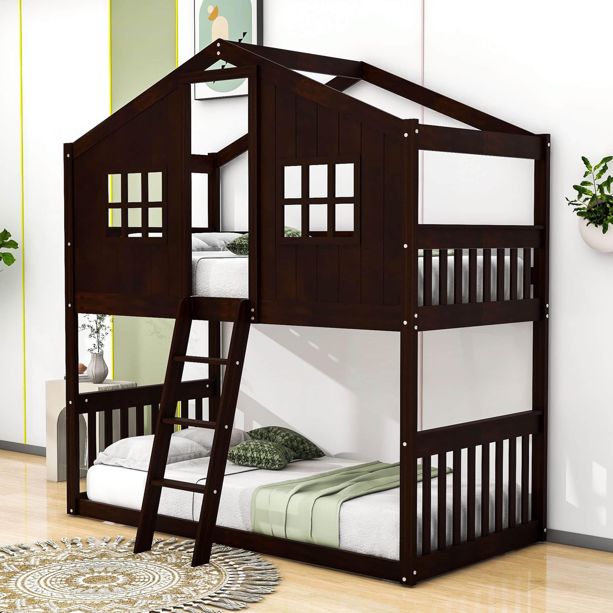 Low Twin Over Twin House Bunk Beds for Kids Toddler - [Wooden, Floor]