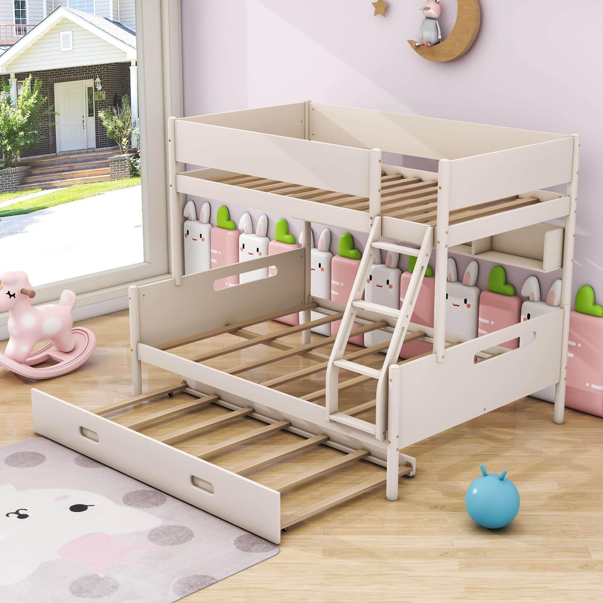 Wooden Twin Over Full Bunk Beds with Trundle and Storage Bookshelves