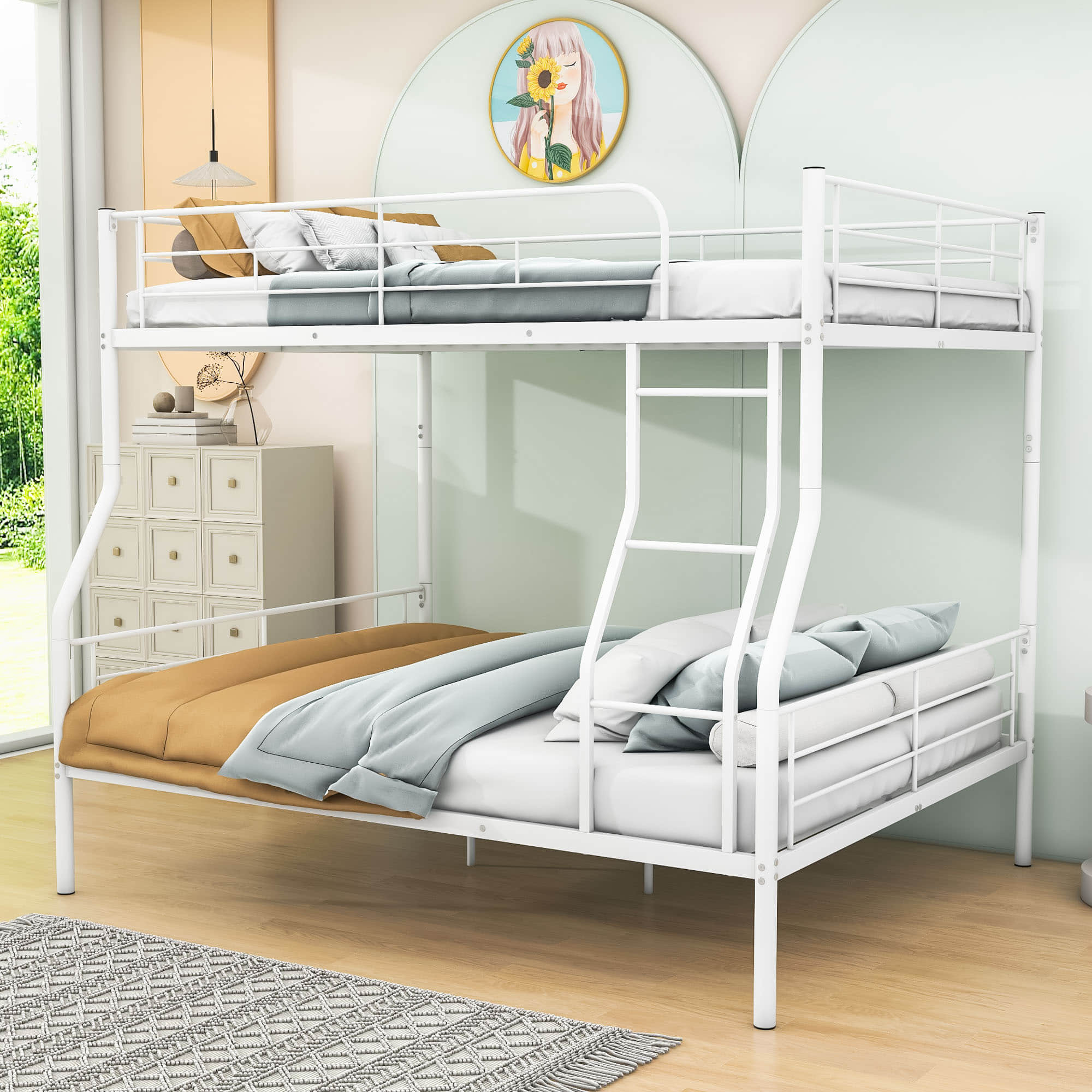 Full XL Over Queen Convertible Metal Bunk Beds for Adults, Kids