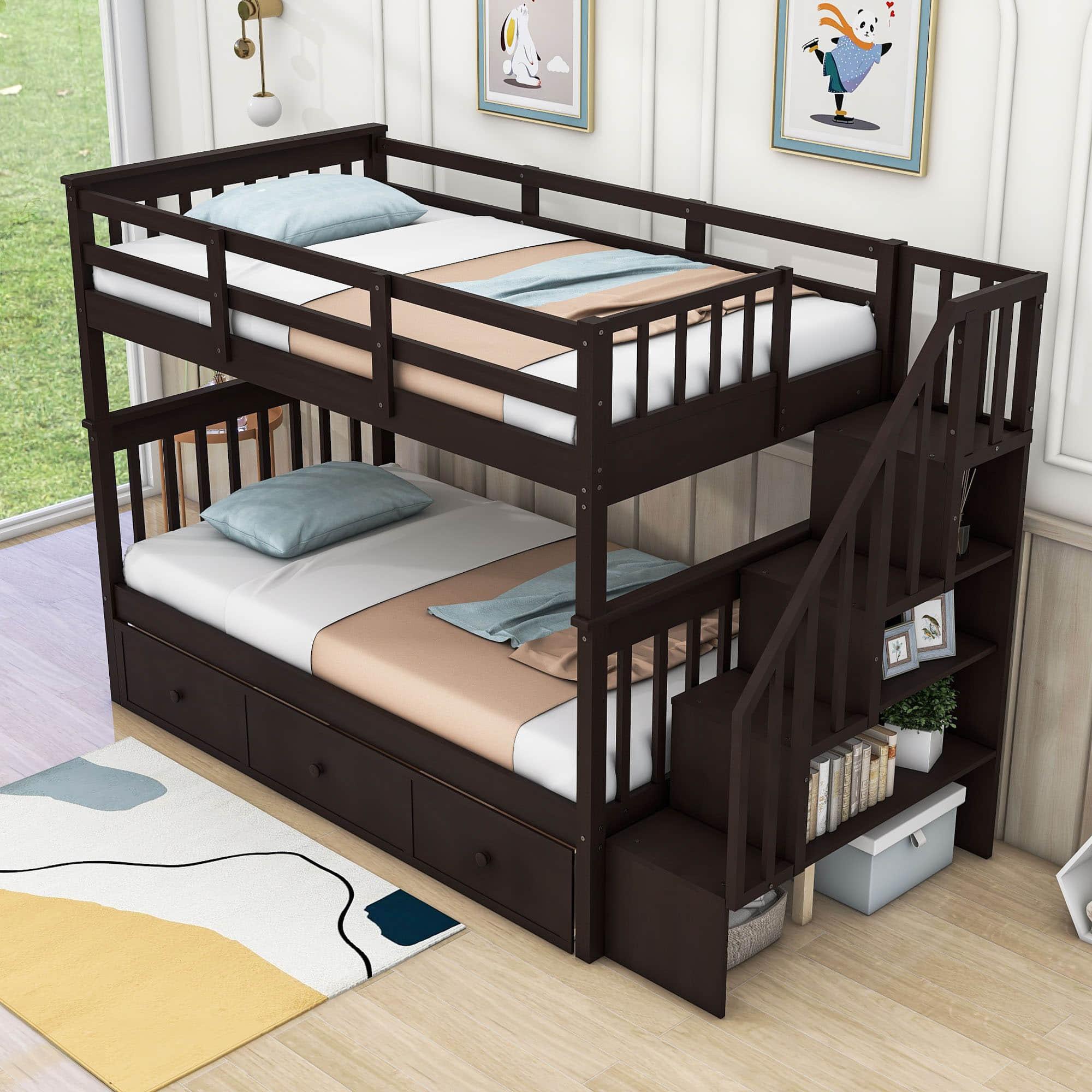 Twin Over Twin Bunk Bed With Stairs and Storage - [Drawers, Shelves, Wood]