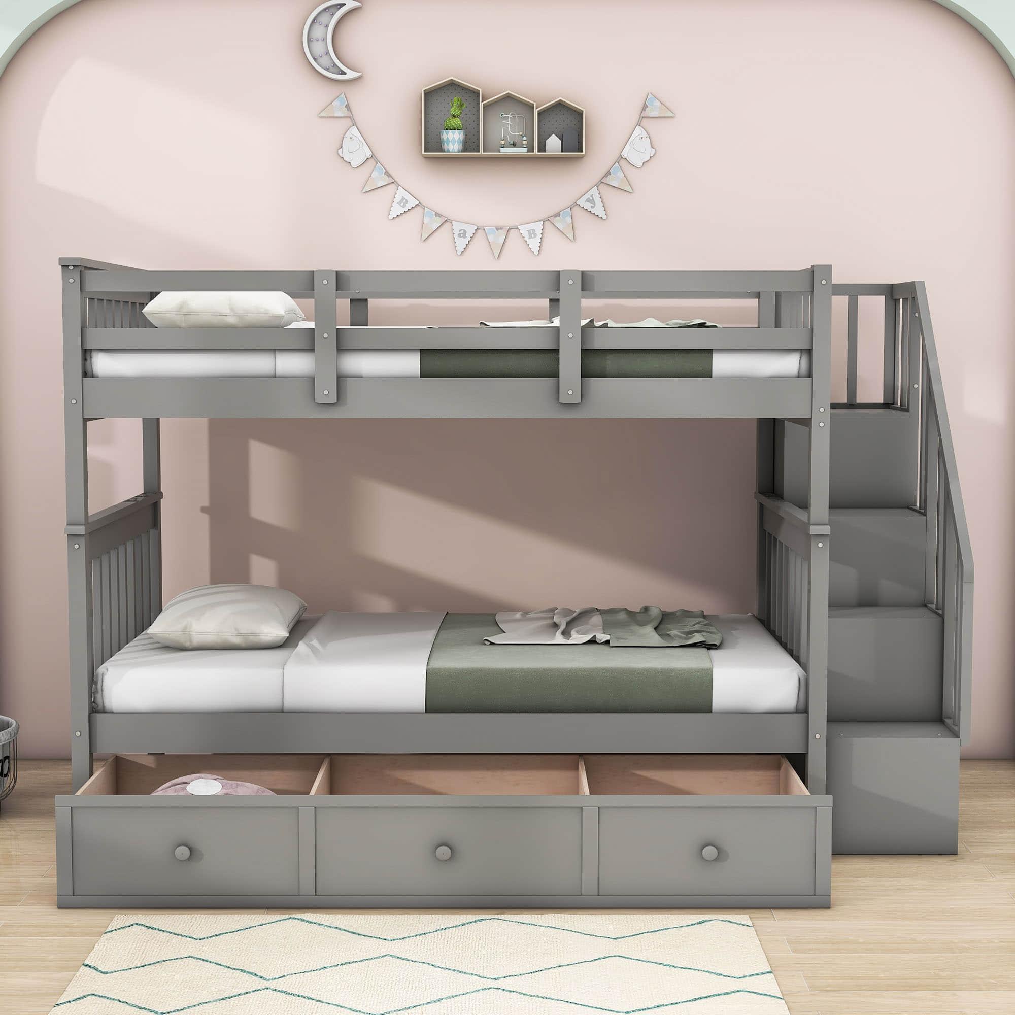 Twin Over Twin Bunk Bed With Stairs and Storage - [Drawers, Shelves, Wood]