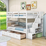 Twin Over Twin Bunk Bed With Stairs and Storage - [Drawers, Shelves, Wood]