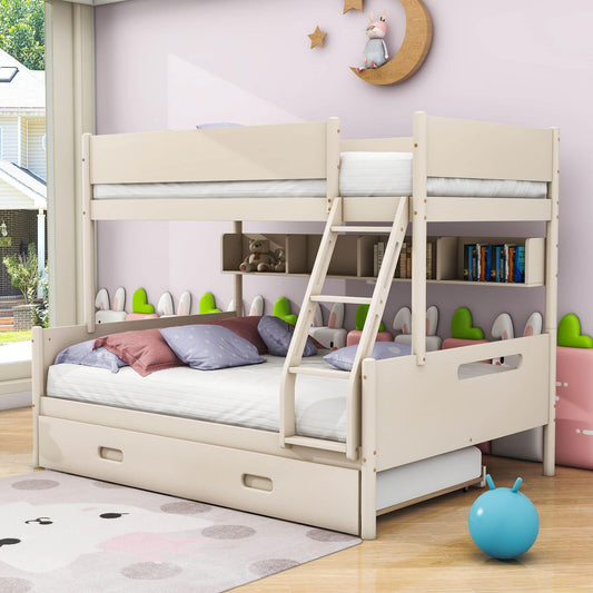 Wooden Twin Over Full Bunk Beds with Trundle and Storage Bookshelves