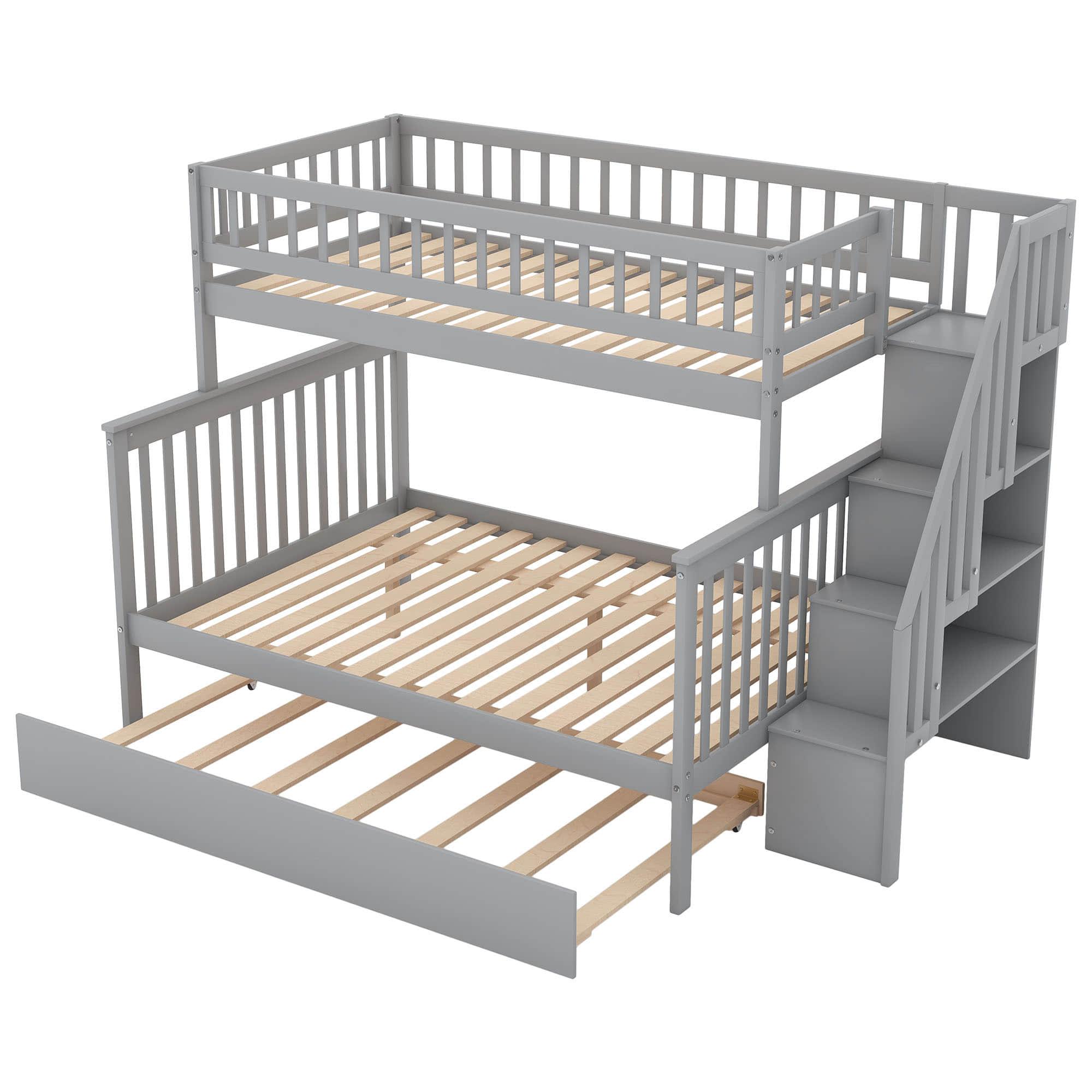 Wooden Twin Over Full Bunk Bed with Stairs and Trundle, Storage Shelves