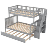 Wooden Twin Over Full Bunk Bed with Stairs and Trundle, Storage Shelves