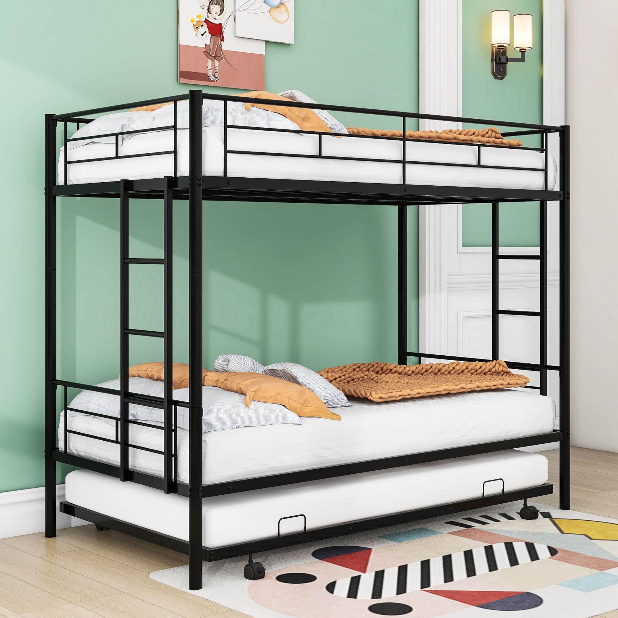 Metal Twin Over Twin Bunk Bed with Trundle - [Convertible, Noise Reduced]