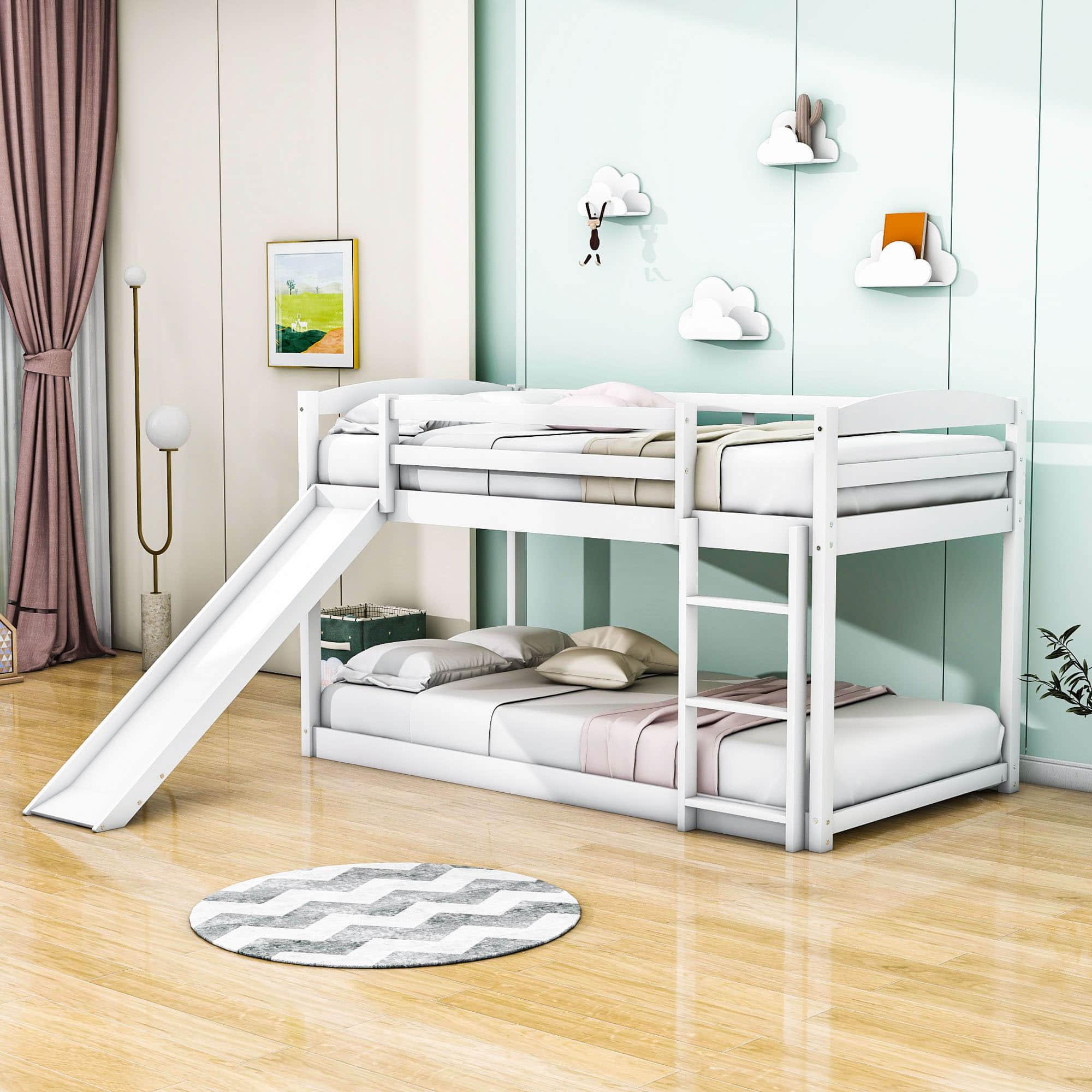 Low Twin Over Twin Bunk Bed with Slide for Kids, Toddler - Wooden, Floor, Interchangeable