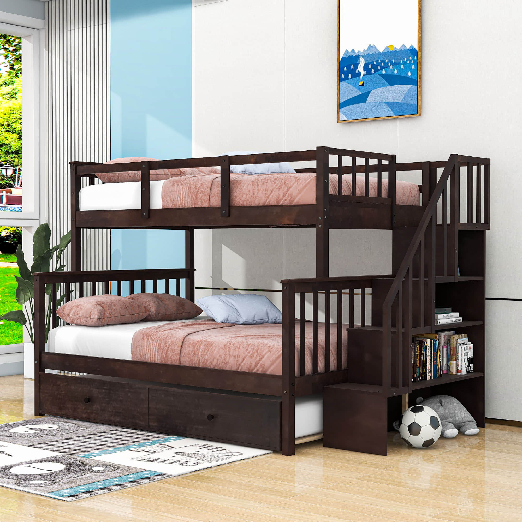 Twin Over Full Bunk Beds for Kids, Adults with Trundle and Storage