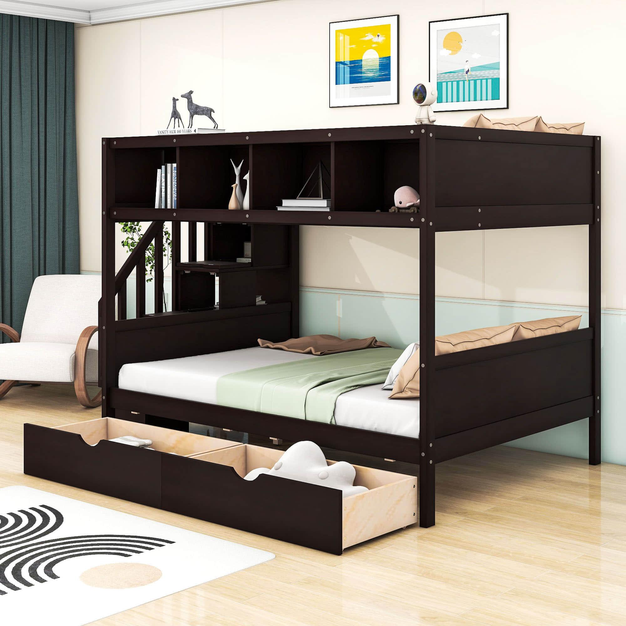 Twin Over Full Bunk Beds with Stairs and Storage for Adults - [Wooden, Drawers, Bookcase]