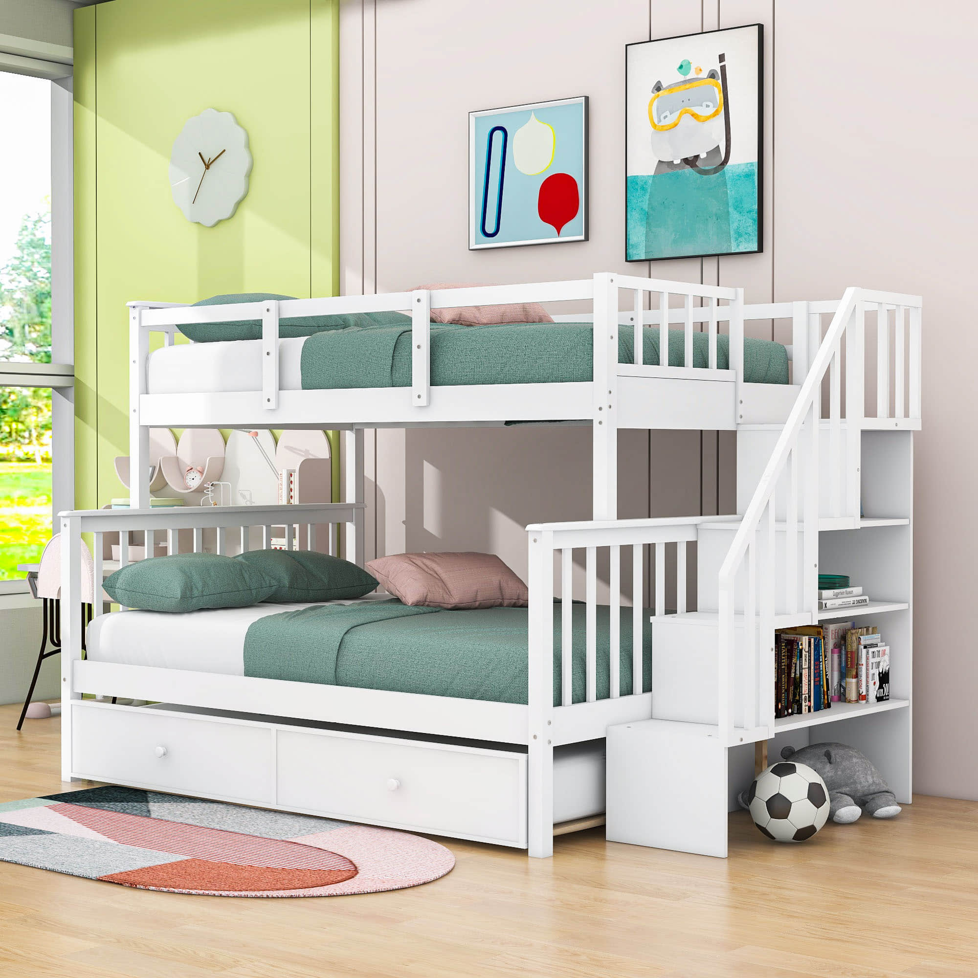 Twin Over Full Bunk Beds for Kids, Adults with Trundle and Storage