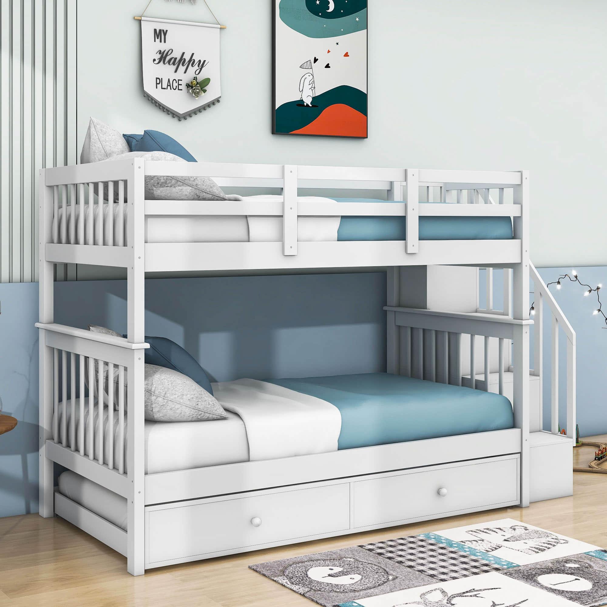 Twin Over Twin Bunk Beds with Stairs and Trundle, Storage - [Convertible, Shelves]