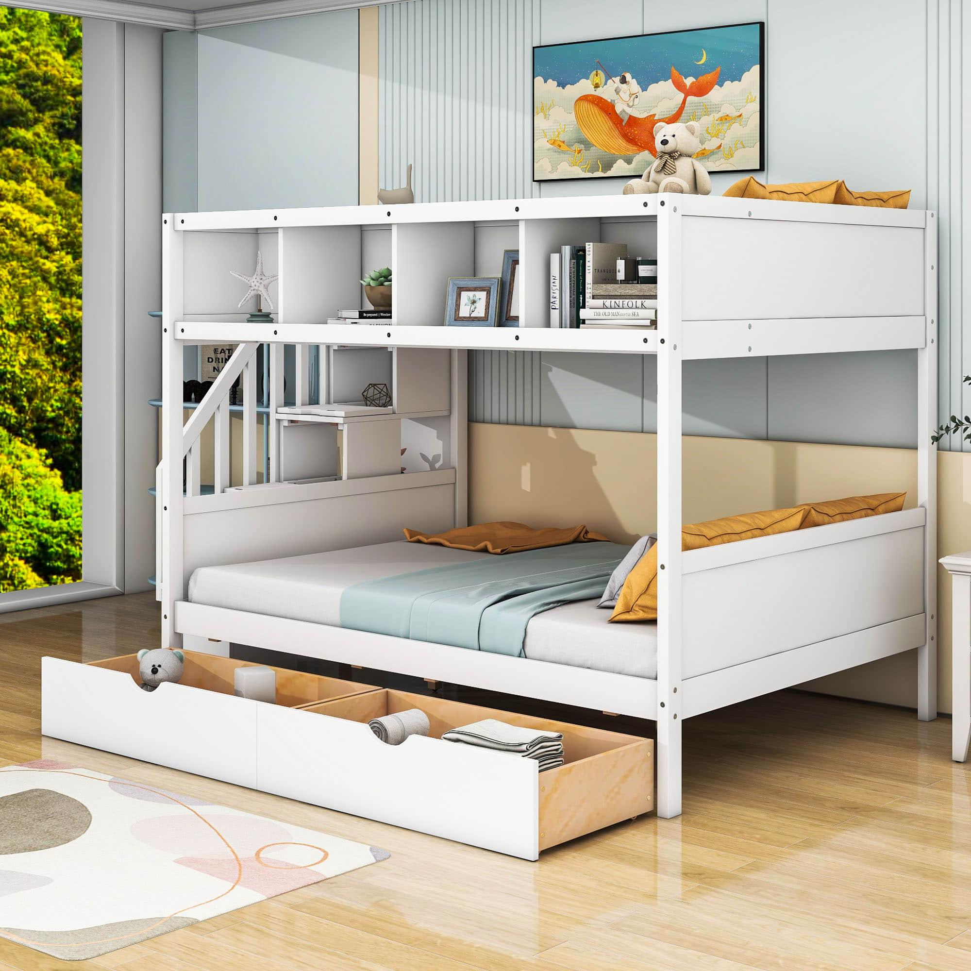 Twin Over Full Bunk Beds with Stairs and Storage for Adults - [Wooden, Drawers, Bookcase]