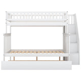 Wooden Twin Over Full Bunk Bed with Stairs and Trundle, Storage Shelves