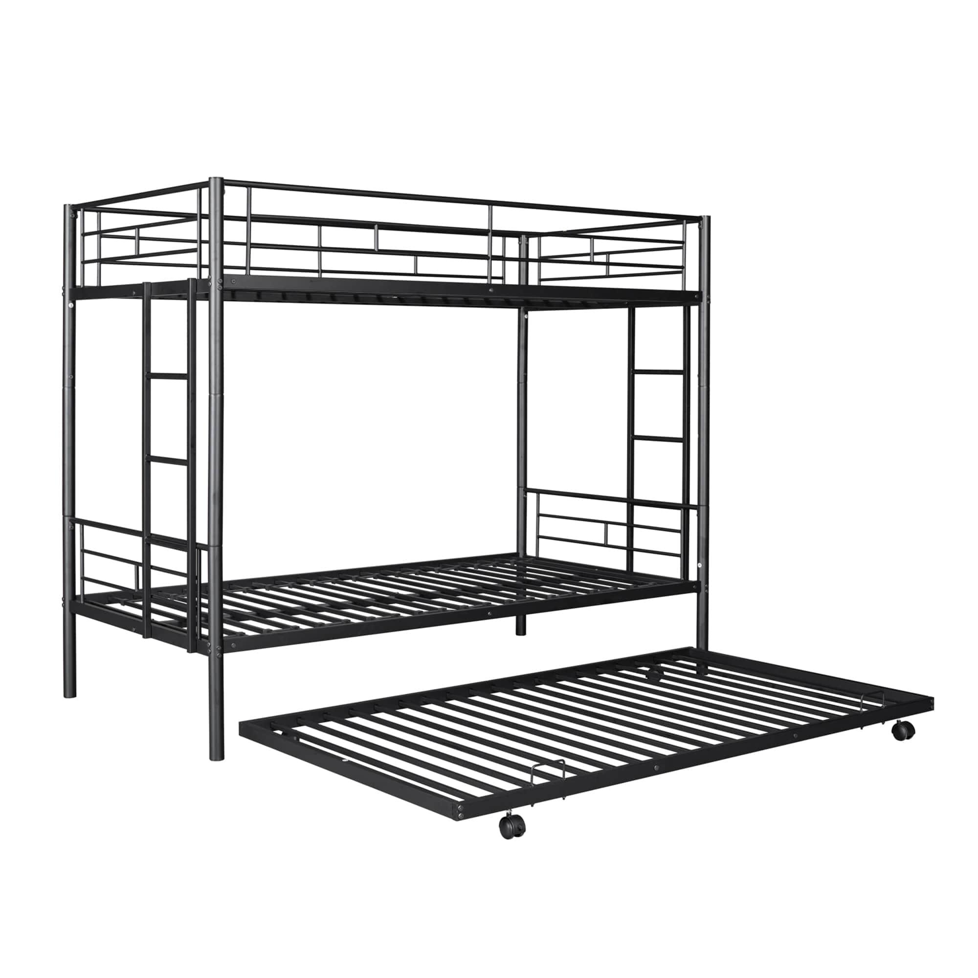 Metal Twin Over Twin Bunk Bed with Trundle - [Convertible, Noise Reduced]