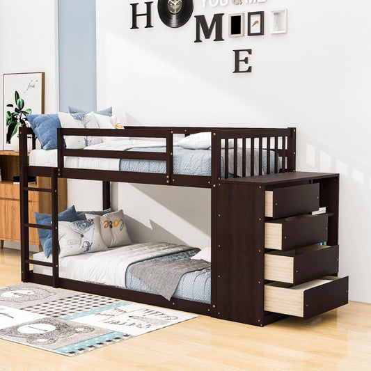 Low Twin Over Twin Bunk Beds with Detachable Storage Dresser - [Drawers, Shelves]