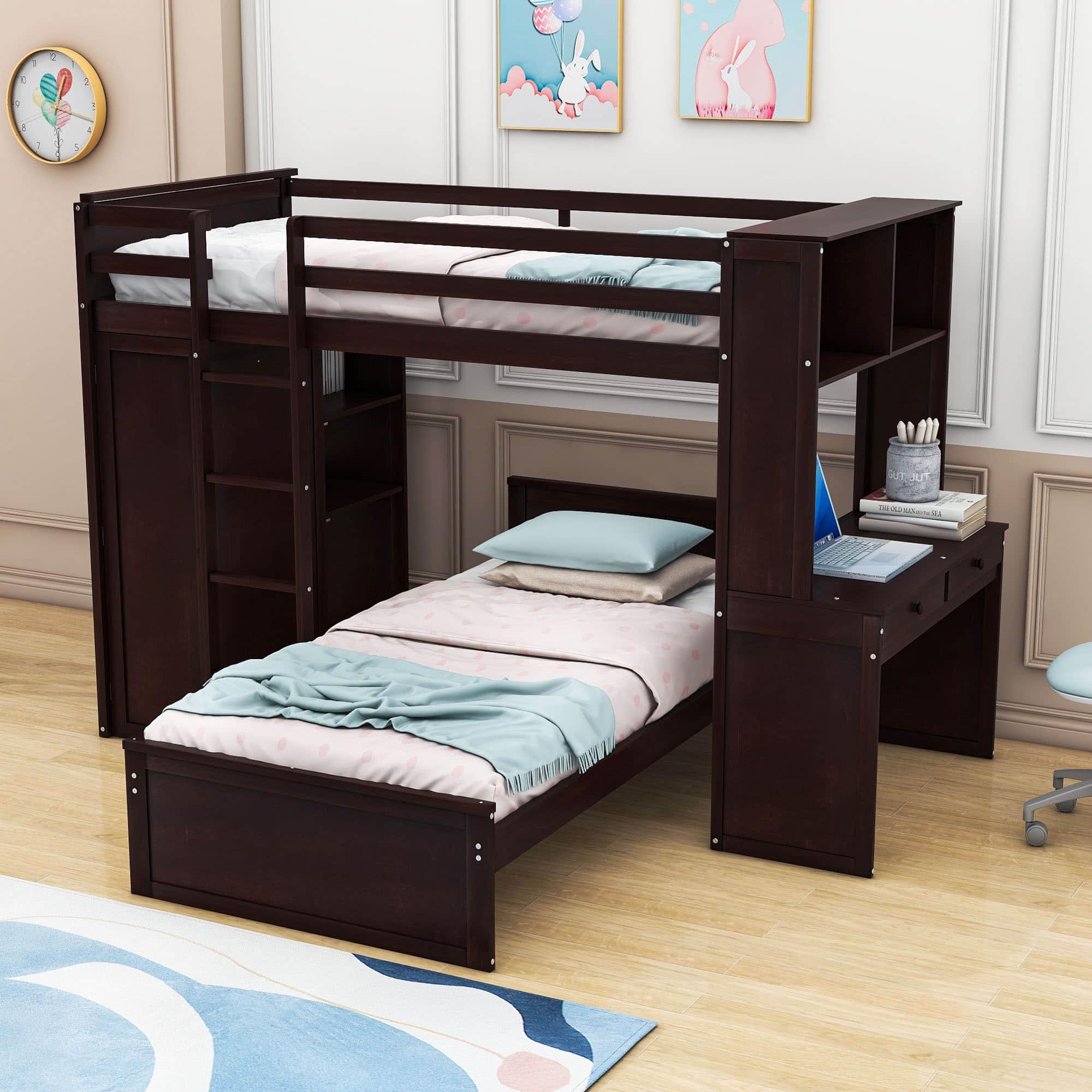 L-Shaped Twin Over Twin Bunk Beds with Desk and Storage - [Wooden, Drawers, Wardrobe]