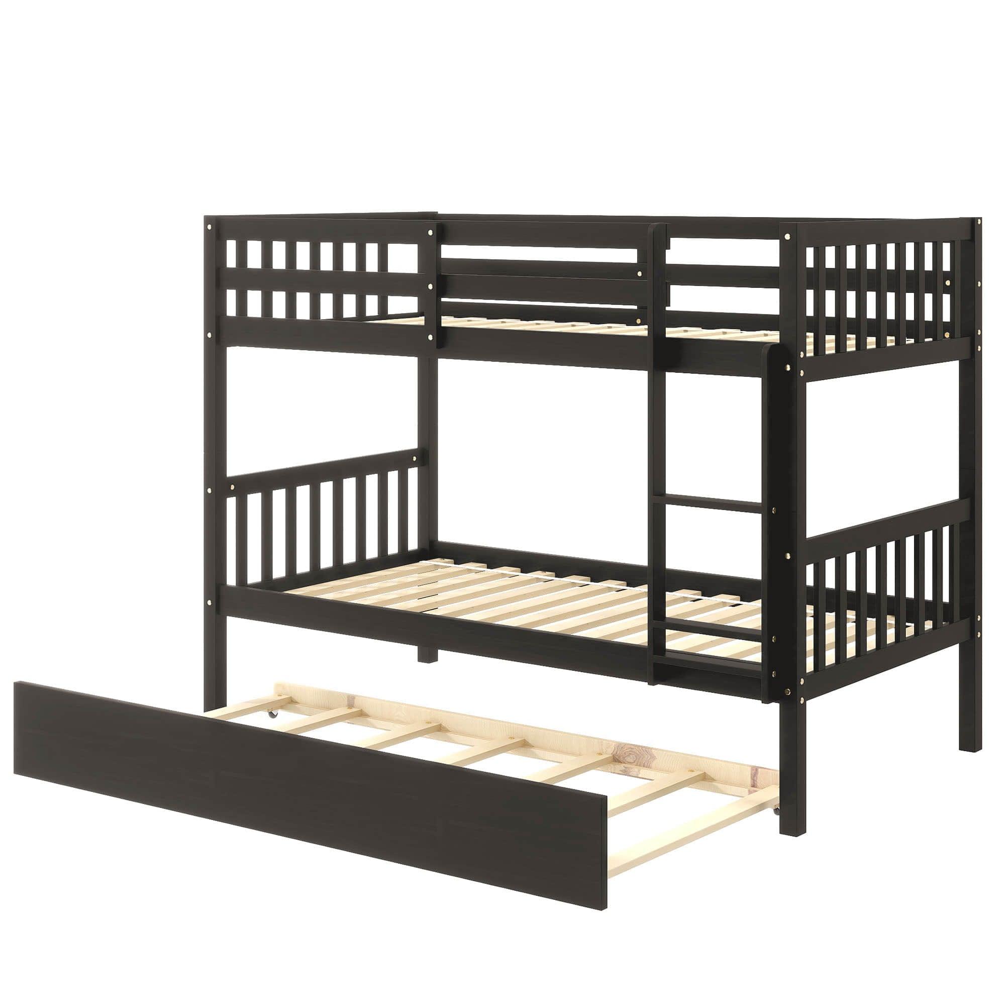 Convertible Twin Over Twin Bunk Beds with Trundle for Kids, Teens - [Solid Wood]