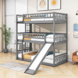 3 Level Low Twin Triple Bunk Beds with Slide for Kids, Toddler - [Wood, Convertible]