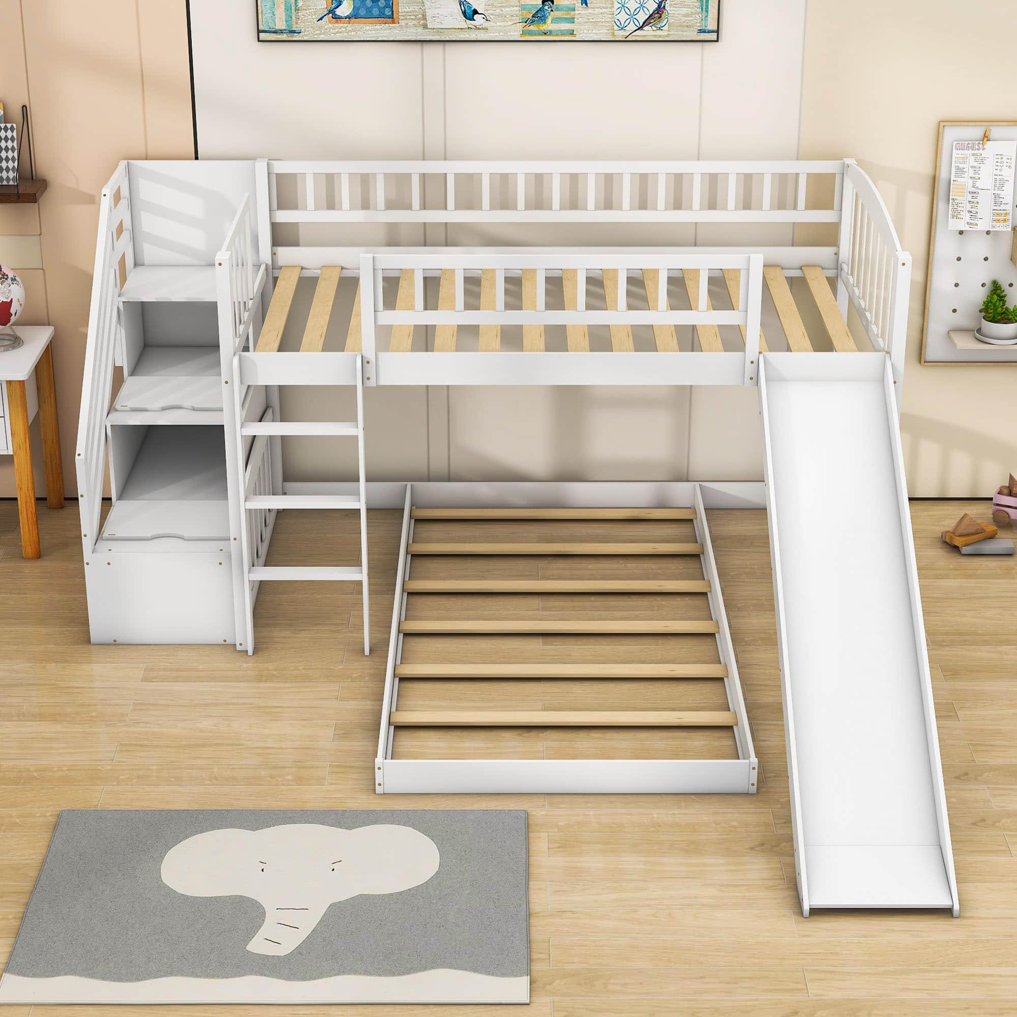 Twin Over Twin L-Shaped Floor Bunk Beds with Stairs and Slide for Kids