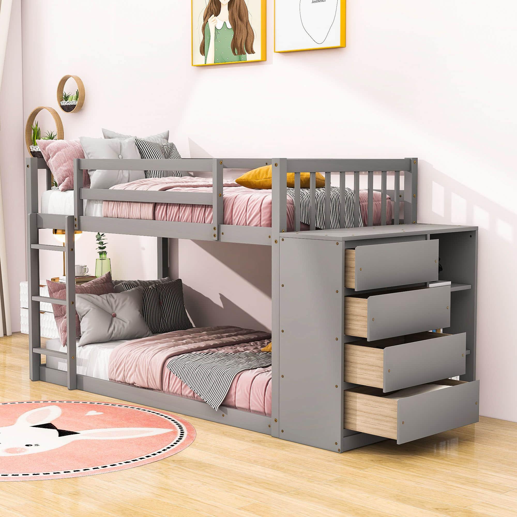 Low Twin Over Twin Bunk Beds with Detachable Storage Dresser - [Drawers, Shelves]