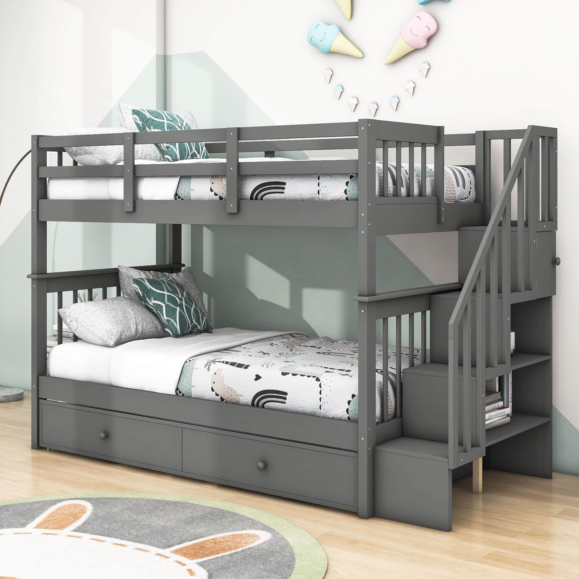 Twin Over Twin Bunk Beds with Stairs and Trundle, Storage - [Convertible, Shelves]