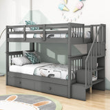 Twin Over Twin Bunk Beds with Stairs and Trundle, Storage - [Convertible, Shelves]