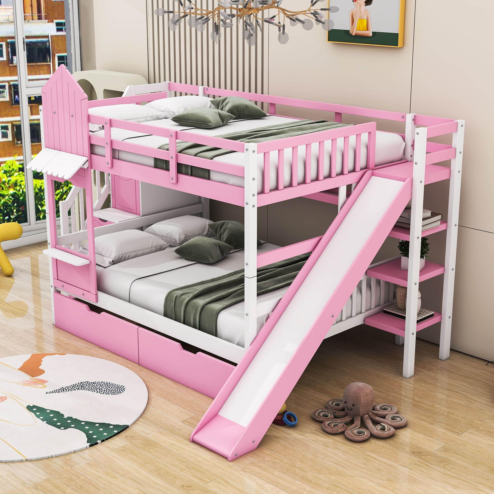 Full Over Full Castle Bunk Beds with Stairs and Slide for Girls, Boys