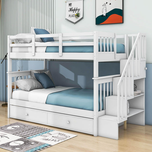 Twin Over Twin Bunk Beds with Stairs and Trundle, Storage - [Convertible, Shelves]