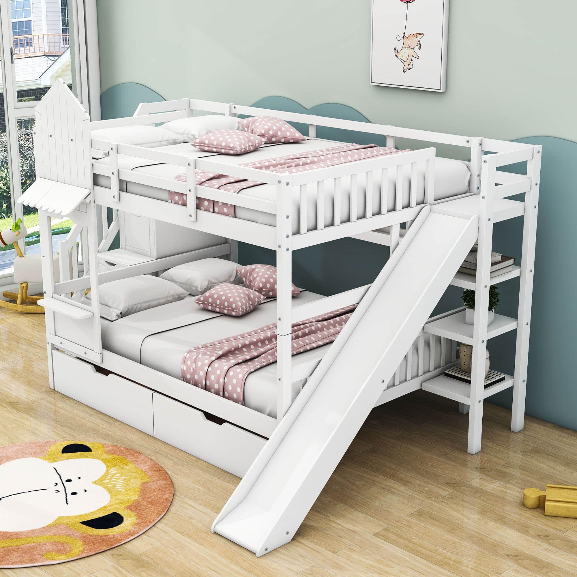 Full Over Full Castle Bunk Beds with Stairs and Slide for Girls, Boys