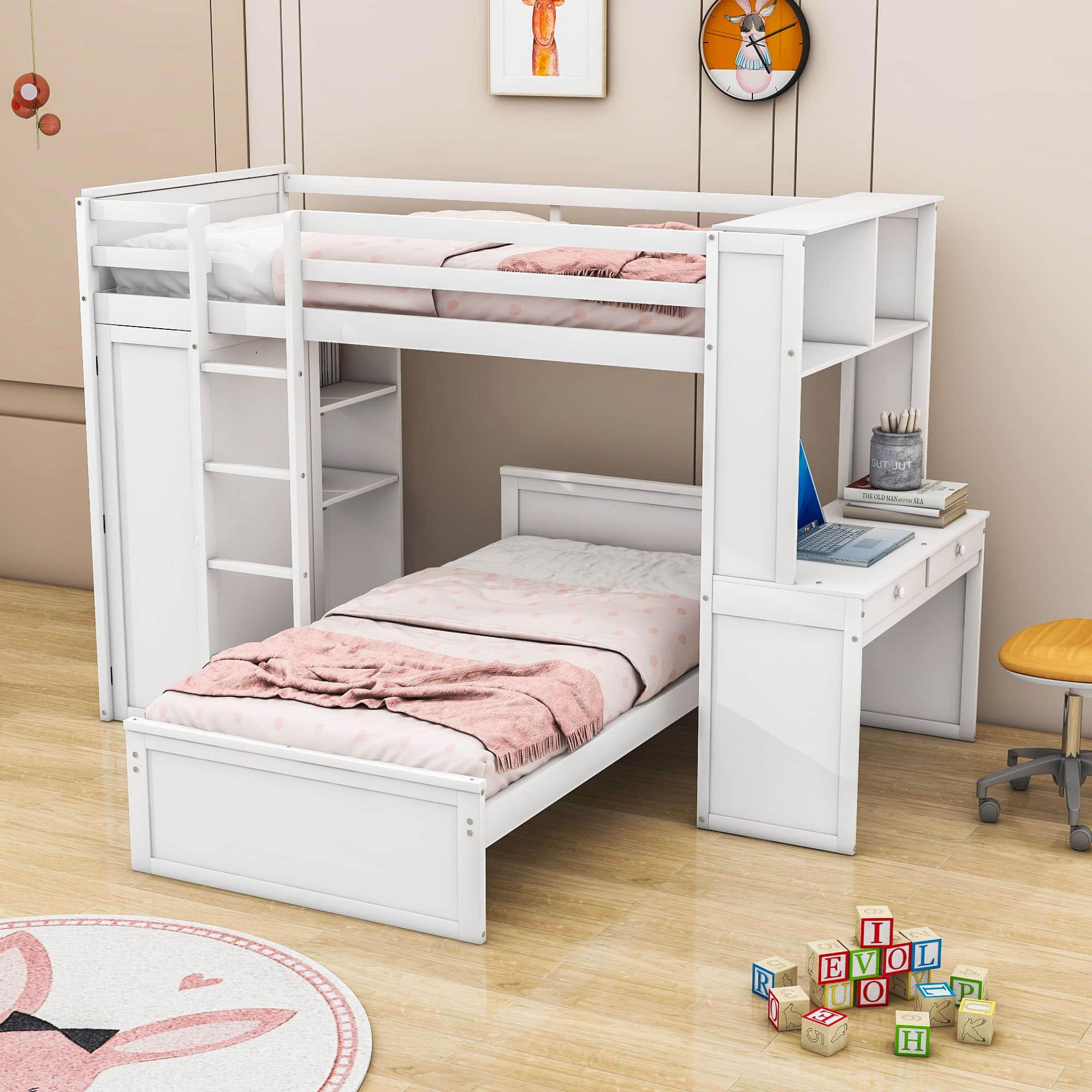 L-Shaped Twin Over Twin Bunk Beds with Desk and Storage - [Wooden, Drawers, Wardrobe]