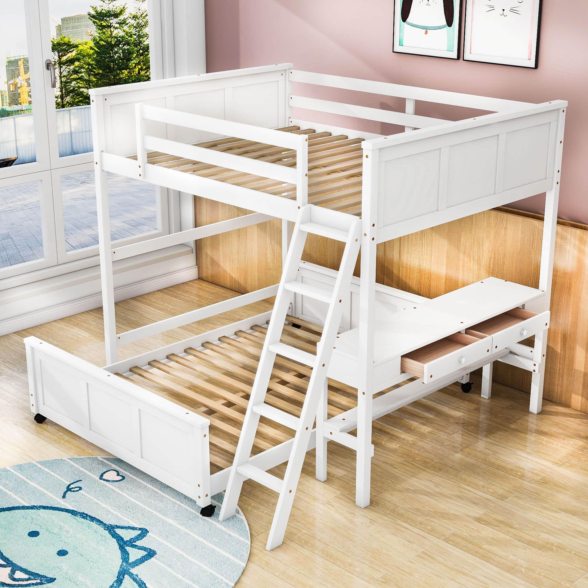 L-Shaped Full Over Full Bunk Beds with Desk and Storage Drawers Wooden