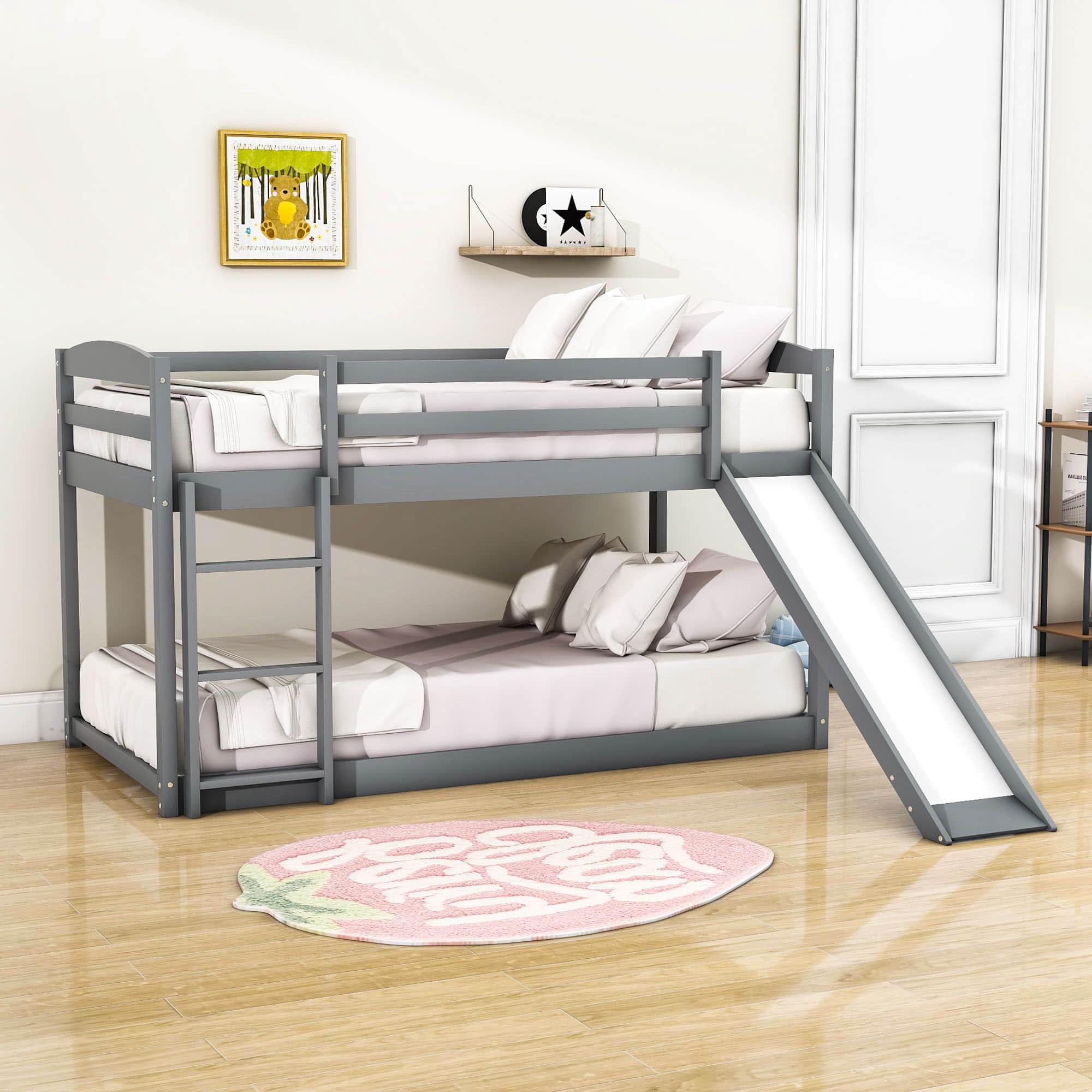 Low Twin Over Twin Bunk Bed with Slide for Kids, Toddler - Wooden, Floor, Interchangeable