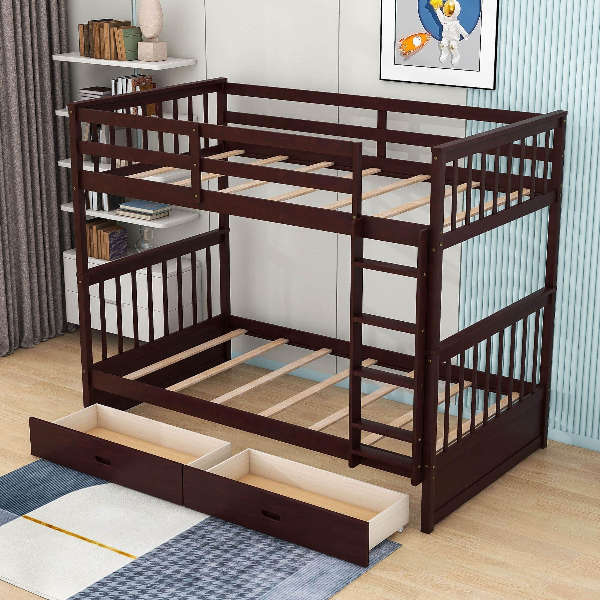 Wooden Twin Over Twin Bunk Beds with Storage Drawers - [Convertible]