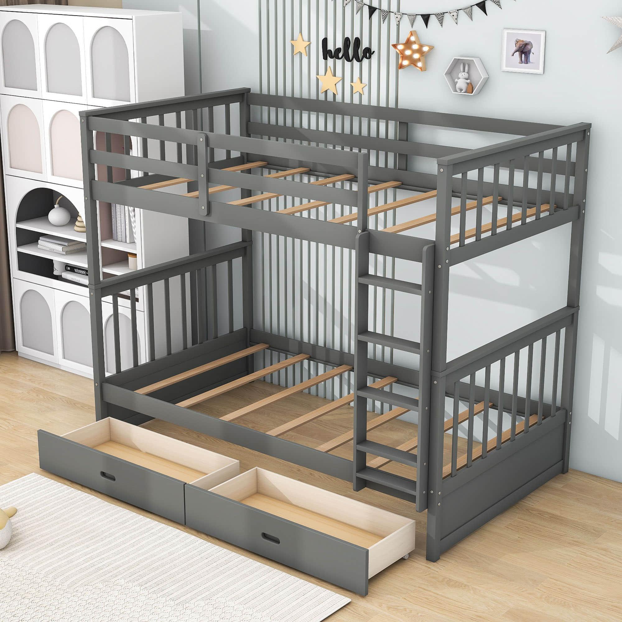 Wooden Twin Over Twin Bunk Beds with Storage Drawers - [Convertible]