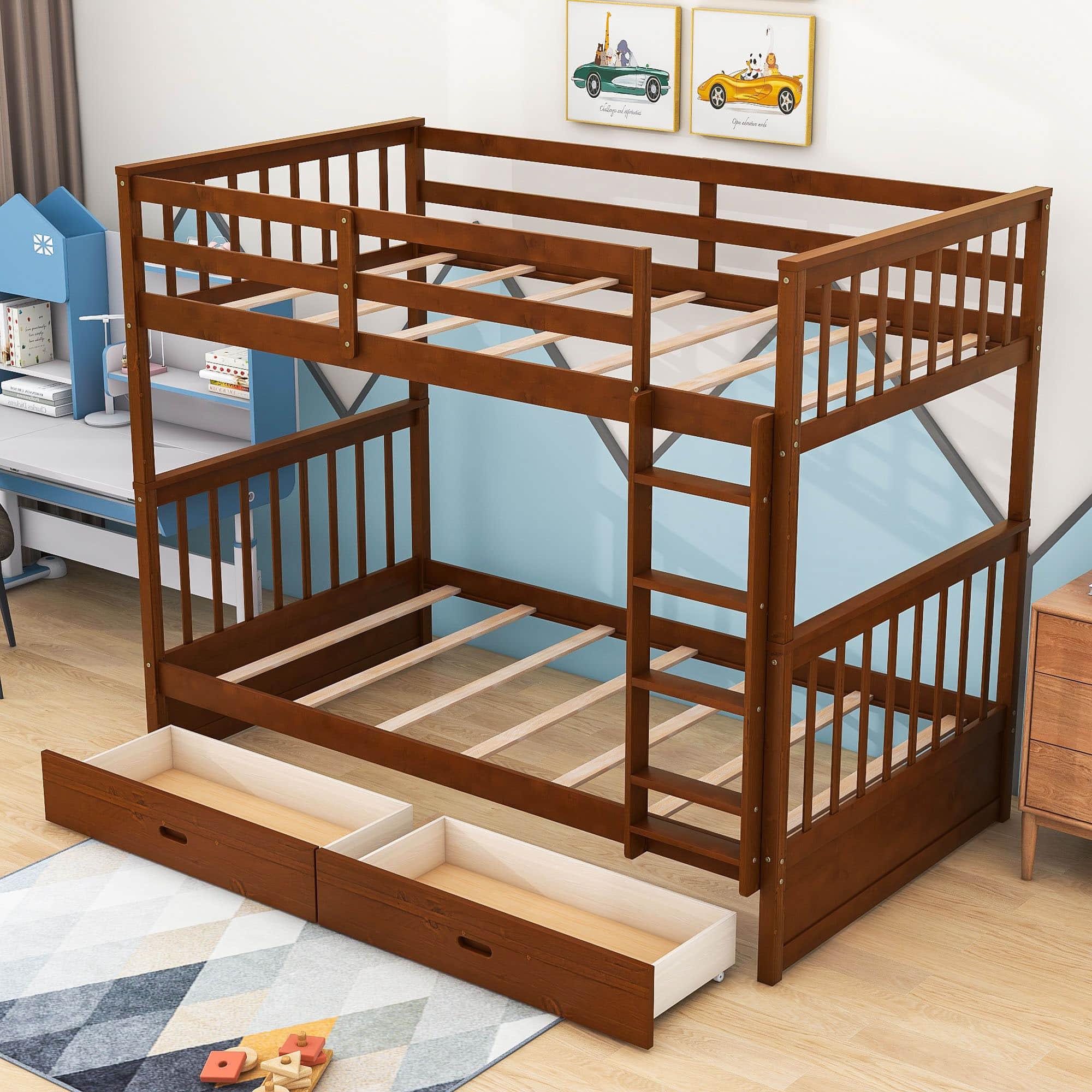 Wooden Twin Over Twin Bunk Beds with Storage Drawers - [Convertible]