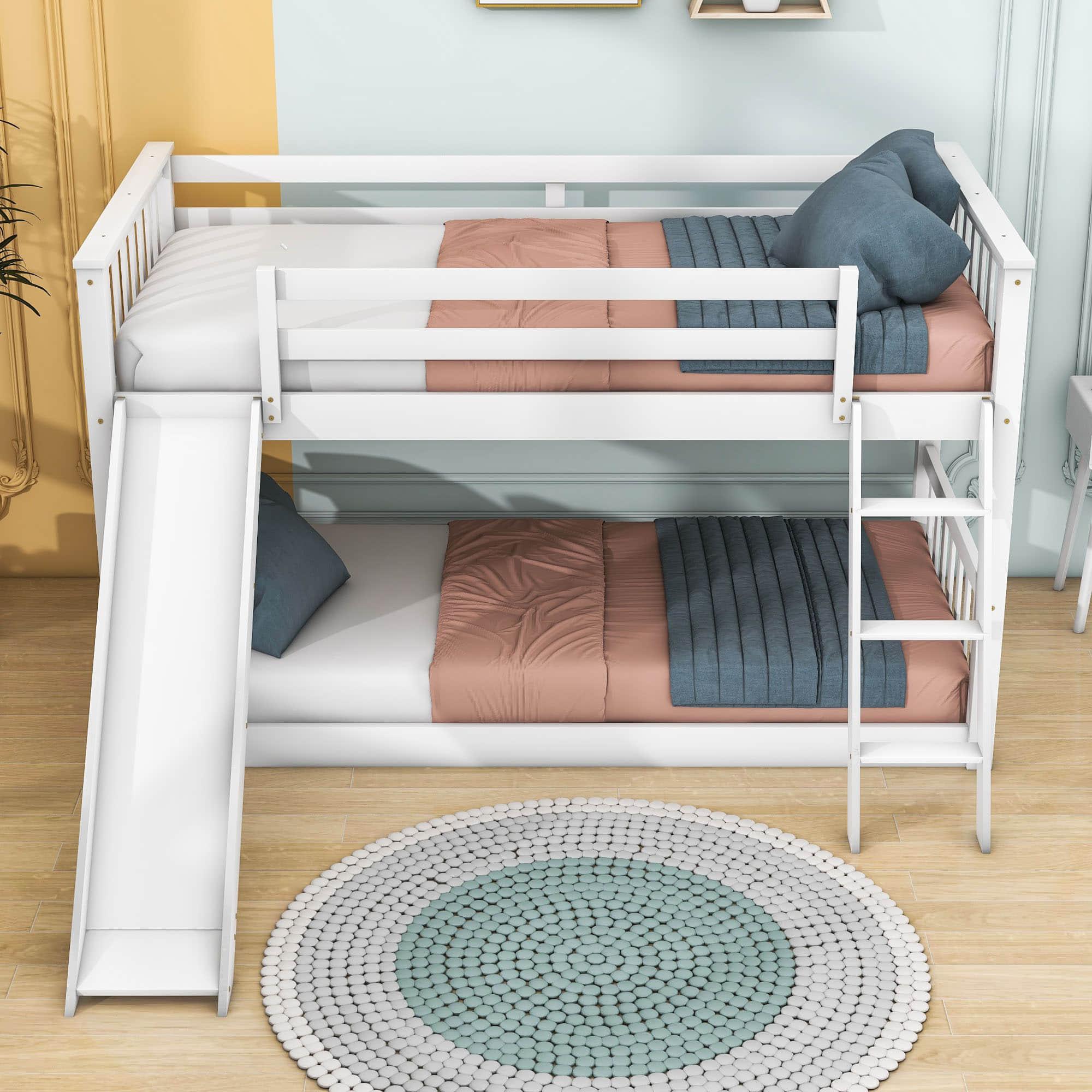 Low Twin Over Twin Bunk Beds with Slide for Kids Toddler - [Wooden, Floor, Interchangeable]