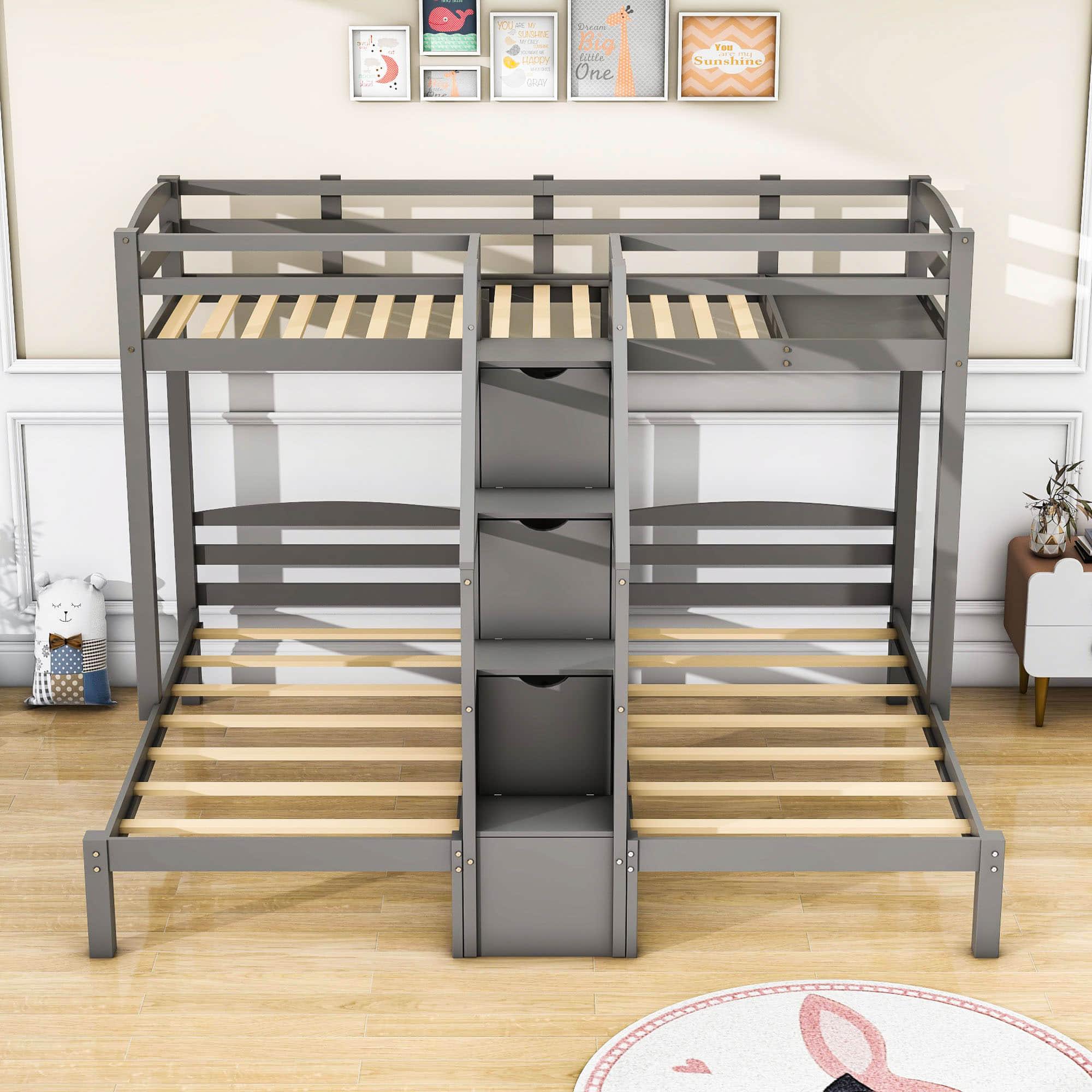 Wood Twin over Twin & Twin Triple Bunk Bed for Kids with Stairs and Storage