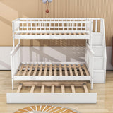 Wooden Twin Over Full Bunk Bed with Stairs and Trundle, Storage Shelves