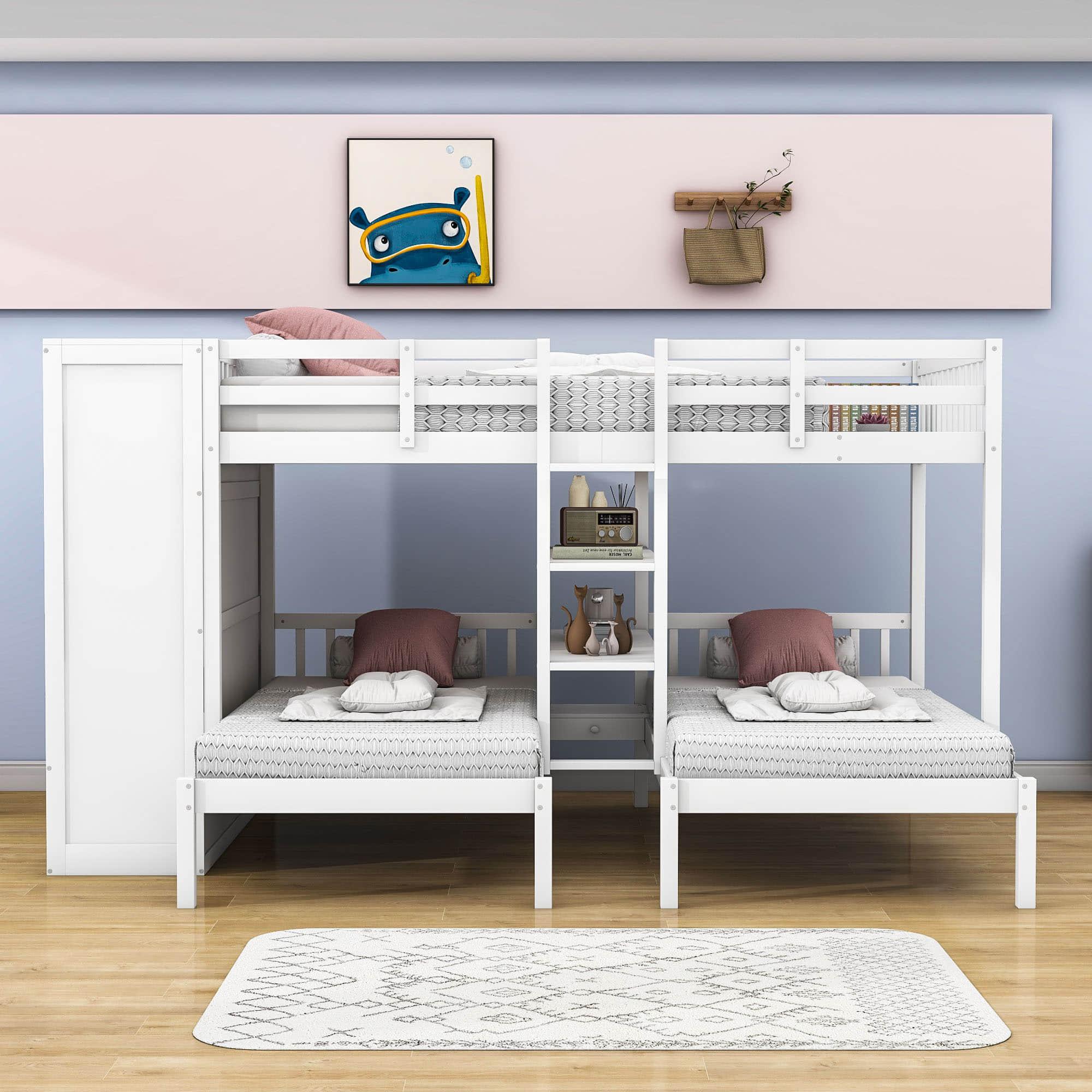 Low Full Over Twin&Twin Triple Bunk Bed with Storage for Kids - [Wardrobe]