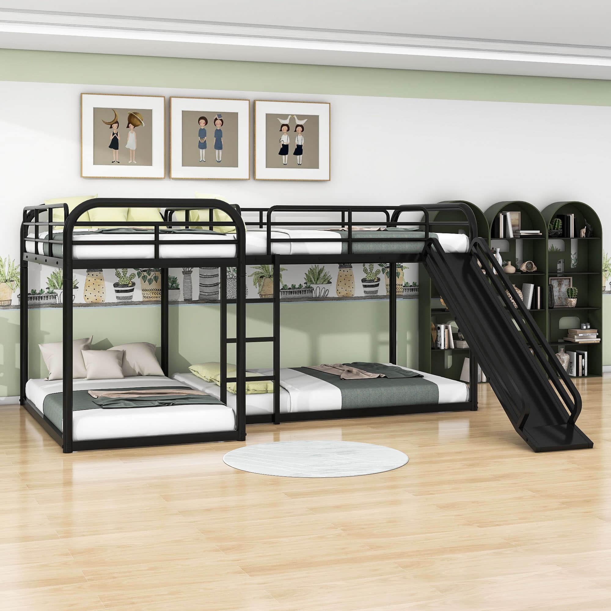 Metal Full & Twin Quad Bunk Beds with Slide for Kids, Toddler - [L-Shaped]