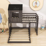 Fun Wooden L-Shaped Twin Over Full House Bunk Beds for Kids - [Low to Floor]