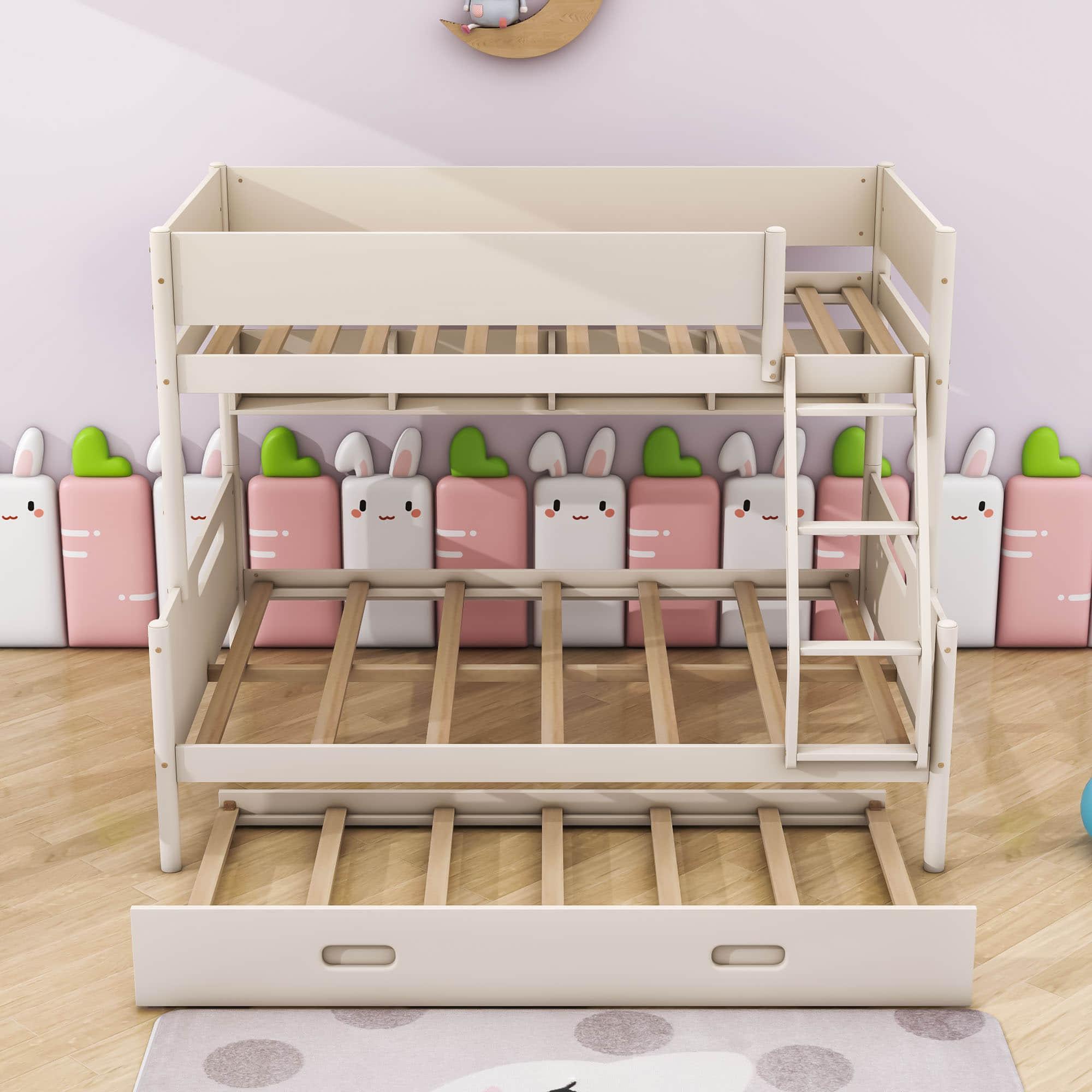 Wooden Twin Over Full Bunk Beds with Trundle and Storage Bookshelves