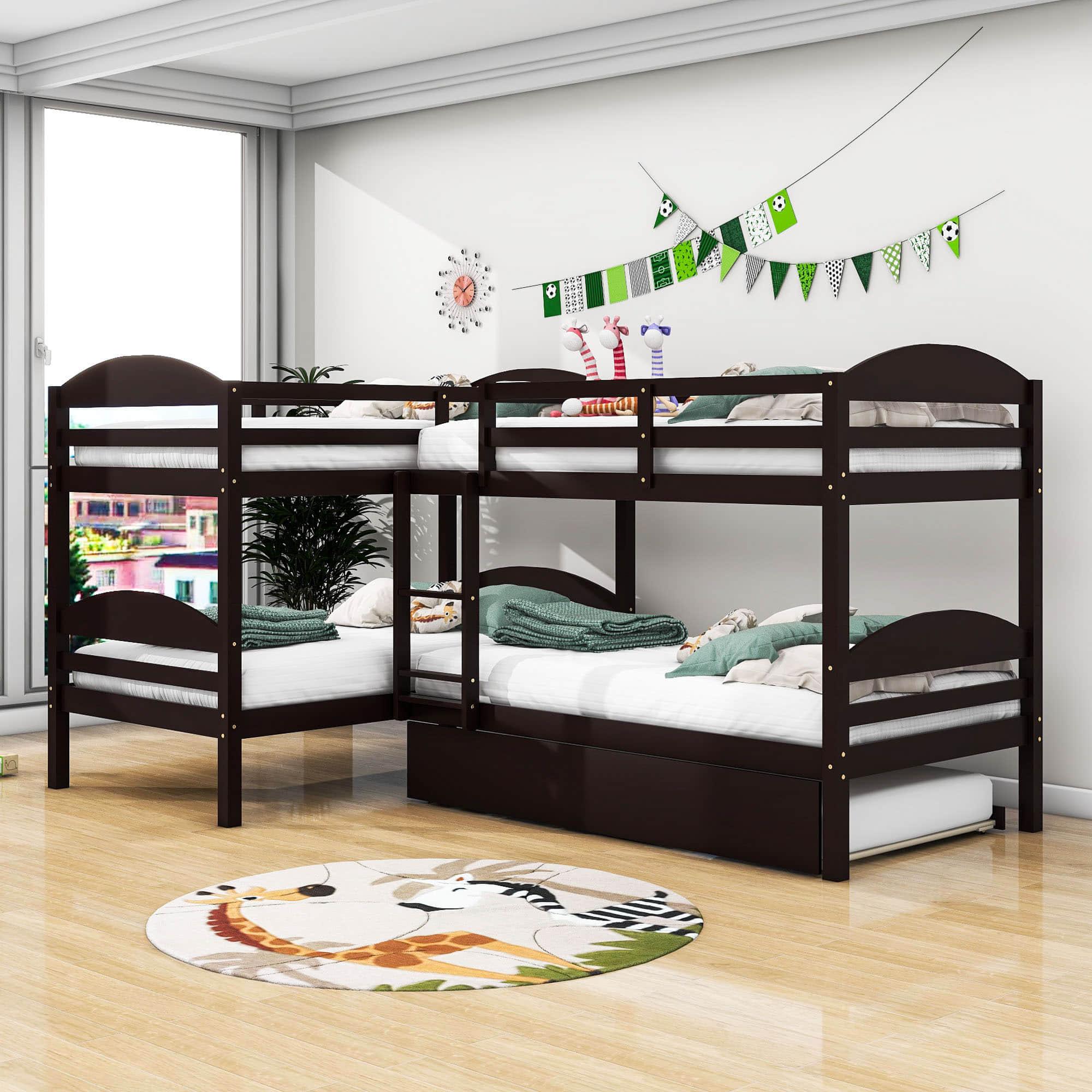 Twin Corner Quad Bunk Beds with Trundle for Kids - [Wooden, L-Shaped]